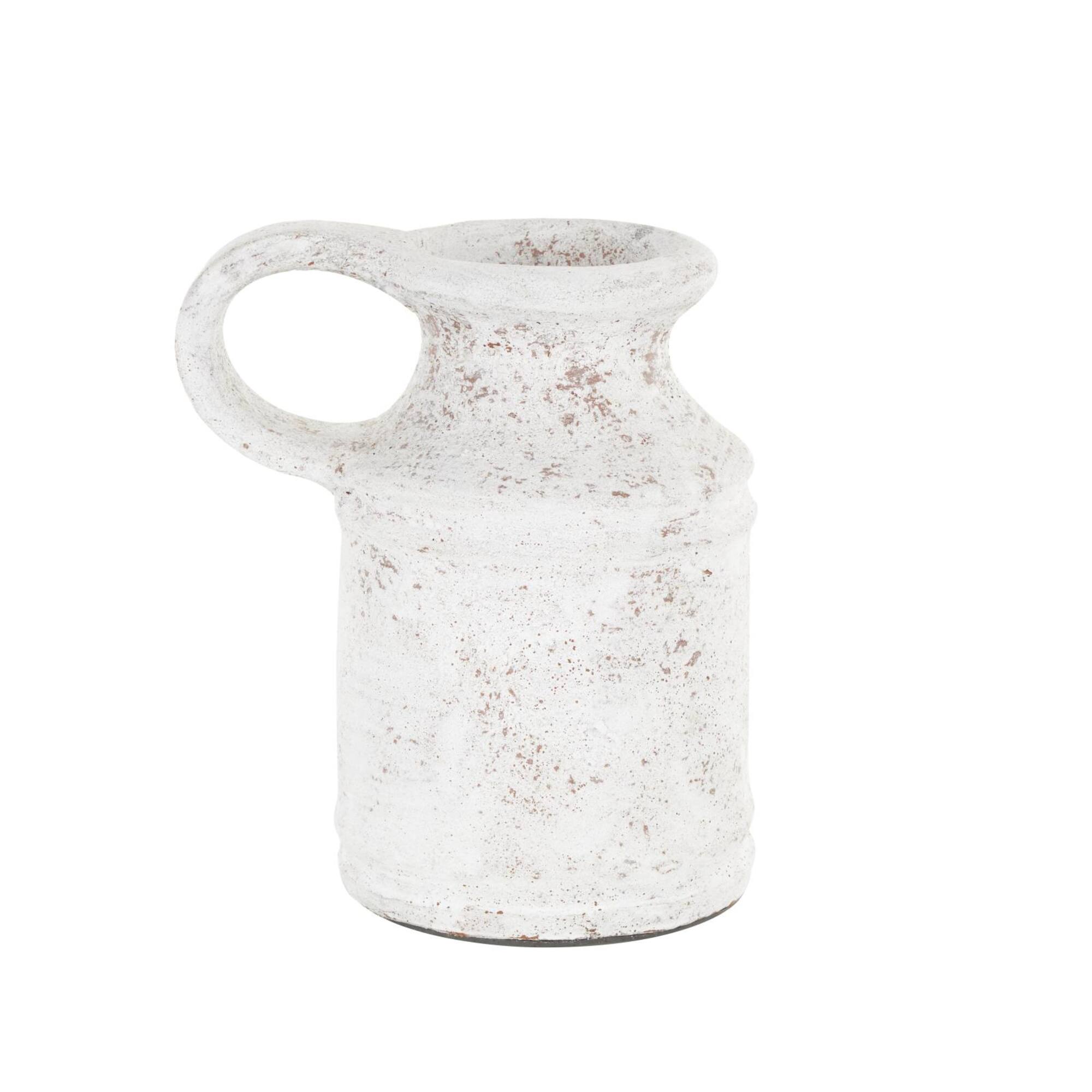 10" White Ceramic Antique Style Textured Vase with Terracotta Accents and Ring Handle